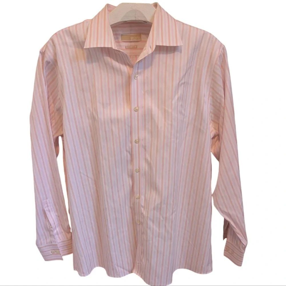 Michael Kors Pink and White Stripe Men's L/S Button Down Dress Shirt 17.5 34/35